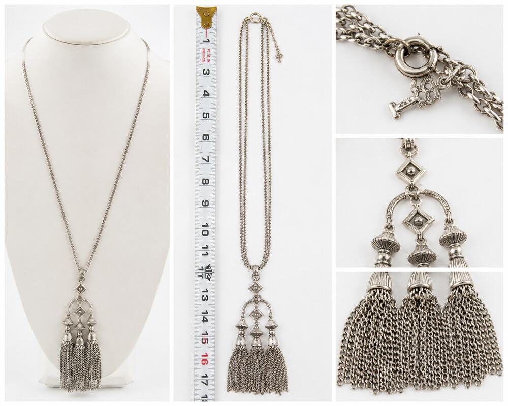 Vintage Crown Trifari Silver Tone Triple Tassel Waterfall Necklace Geometric MCM